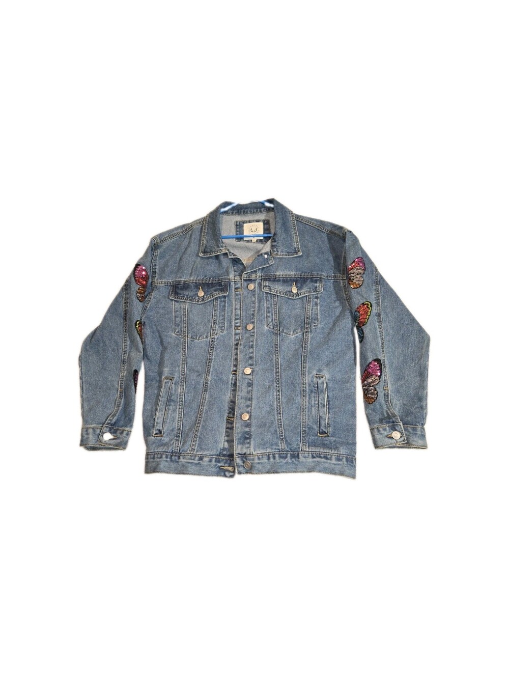 Fantastic Fawn 💯 cotton Denim Jacket M Butterfly Embellished Sequins Boho...